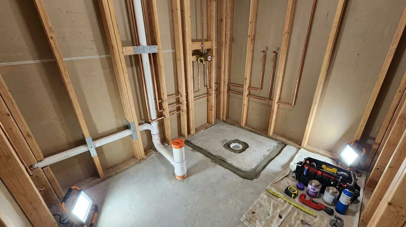 Bathroom rough-in plumbing during remodel by Johns Plumbing LLC in Duarte