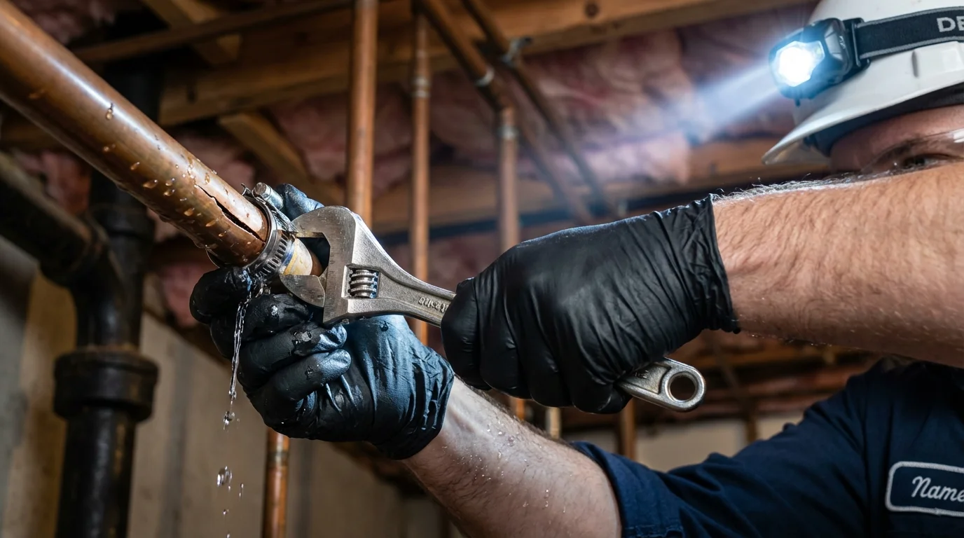 Emergency pipe clamp repair being performed by a Johns Plumbing LLC plumber in Duarte